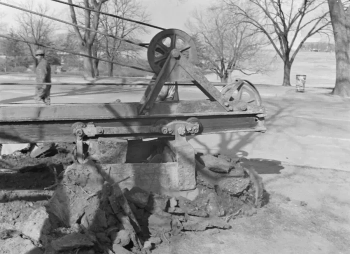 Framed Print : Possibly: Clearing earth and old paving for extension... at Fourteenth, Washington, D.C, 1942. Creator: Dorothea Lange Framed Print : Possibly: Clearing earth and old paving for extension... at Fourteenth, Washington, D.C, 1942. Creator: Dorothea Lange