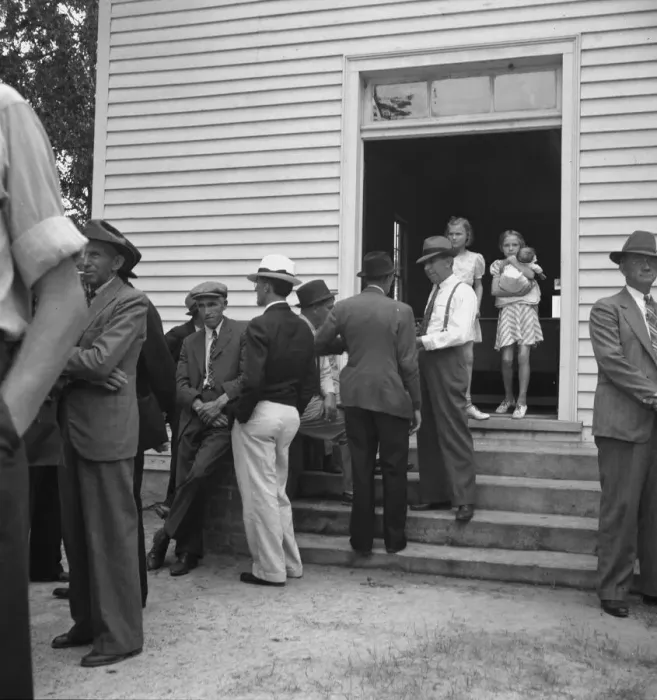 Framed Print : Possibly: Congregation entering church, Wheeleys Church, Person County, North Carolina, 1939. Creator: Dorothea Lange Framed Print : Possibly: Congregation entering church, Wheeleys Church, Person County, North Carolina, 1939. Creator: Dorothea Lange