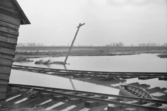 Framed Print : Possibly: Farmyard covered with flood waters near Ridgeley, Tennessee, 1937. Creator: Walker Evans Framed Print : Possibly: Farmyard covered with flood waters near Ridgeley, Tennessee, 1937. Creator: Walker Evans