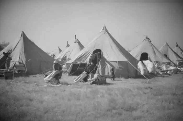 Framed Print : Possibly: Flood refugee encampment at Forrest City, Arkansas, ca. 1937. Creator: Walker Evans Framed Print : Possibly: Flood refugee encampment at Forrest City, Arkansas, ca. 1937. Creator: Walker Evans
