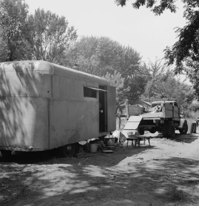 Framed Print : Possibly: The house trailer and the youngest little girl, Washington, Yakima Valley, Toppenish, 1939 Creator: Dorothea Lange Framed Print : Possibly: The house trailer and the youngest little girl, Washington, Yakima Valley, Toppenish, 1939 Creator: Dorothea Lange
