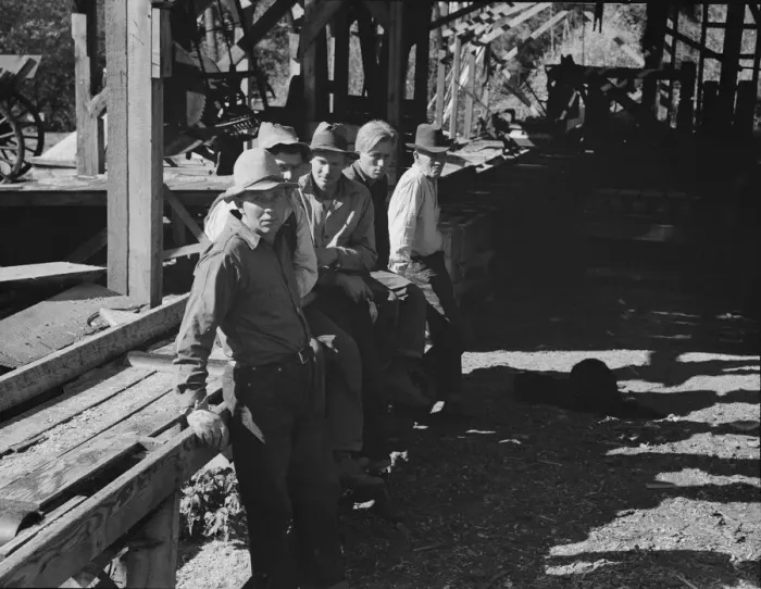Framed Print : Possibly: Five Idaho farmers, members of Ola self-help sawmill co-op... Gem County, Idaho, 1939. Creator: Dorothea Lange Framed Print : Possibly: Five Idaho farmers, members of Ola self-help sawmill co-op... Gem County, Idaho, 1939. Creator: Dorothea Lange