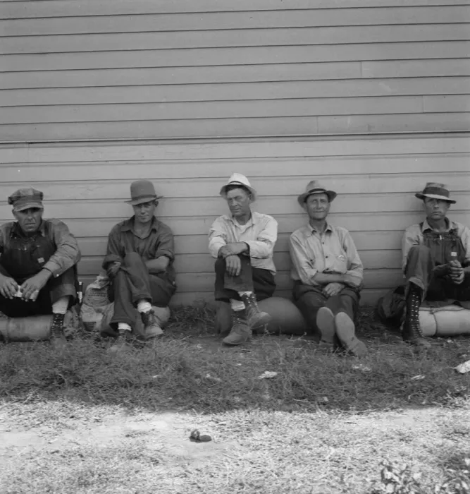 Framed Print : Possibly: Idle men seated in shade on the other side... Tulelake, Siskiyou County, California, 1939 Creator: Dorothea Lange Framed Print : Possibly: Idle men seated in shade on the other side... Tulelake, Siskiyou County, California, 1939 Creator: Dorothea Lange