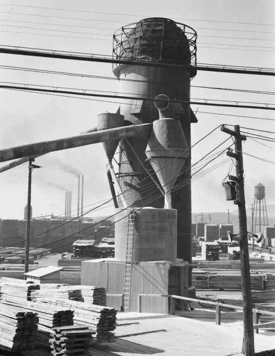 Framed Print : Possibly: Lumber burner and stacks of the Big Lakes Lumber Company... Klamath Falls, Oregon, 1939. Creator: Dorothea Lange Framed Print : Possibly: Lumber burner and stacks of the Big Lakes Lumber Company... Klamath Falls, Oregon, 1939. Creator: Dorothea Lange