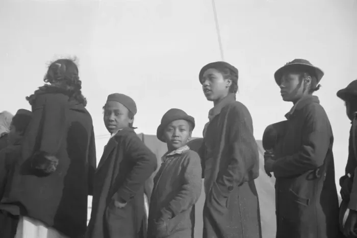 Framed Print : Possibly: Negroes in the lineup for food at meal time in the camp... Forrest City, Arkansas, 1937. Creator: Walker Evans Framed Print : Possibly: Negroes in the lineup for food at meal time in the camp... Forrest City, Arkansas, 1937. Creator: Walker Evans