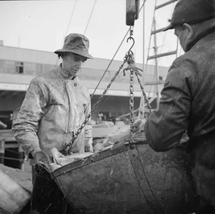 Framed Print : Possibly: New England fishermen unloading fish at the Fulton fish market, New York, 1943. Creator: Gordon Parks Framed Print : Possibly: New England fishermen unloading fish at the Fulton fish market, New York, 1943. Creator: Gordon Parks