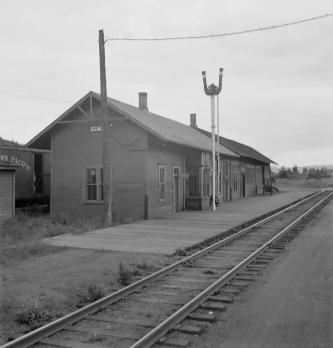 Framed Print : Possibly: Railroad station of western Washington town, Elma, Harbor County, Western Washington, 1939 Creator: Dorothea Lange Framed Print : Possibly: Railroad station of western Washington town, Elma, Harbor County, Western Washington, 1939 Creator: Dorothea Lange