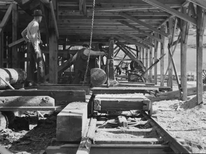 Framed Print : Possibly: The sawmill in operation, Ola self-help sawmill co-op, Gem County, Idaho, 1939. Creator: Dorothea Lange Framed Print : Possibly: The sawmill in operation, Ola self-help sawmill co-op, Gem County, Idaho, 1939. Creator: Dorothea Lange