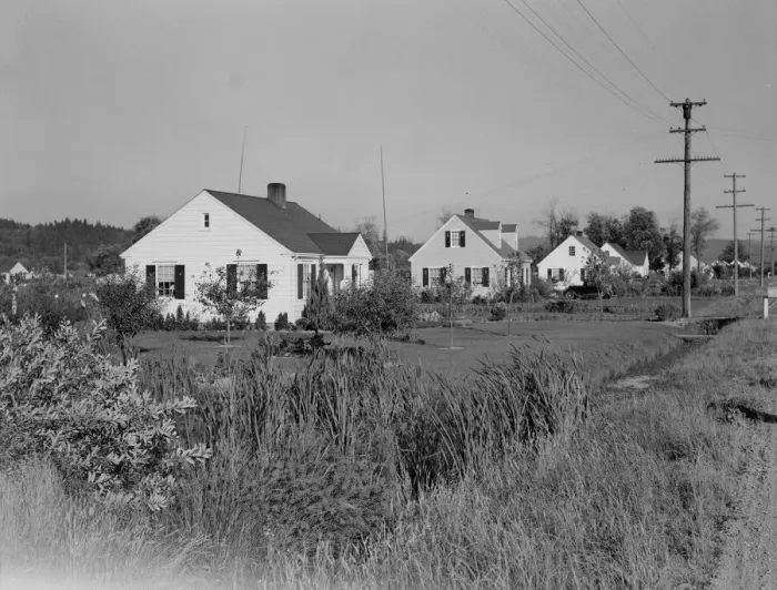 Framed Print : Possibly: Down one street on Longview homestead project, Longview, Cowlitz County, Washington, 1939. Creator: Dorothea Lange Framed Print : Possibly: Down one street on Longview homestead project, Longview, Cowlitz County, Washington, 1939. Creator: Dorothea Lange