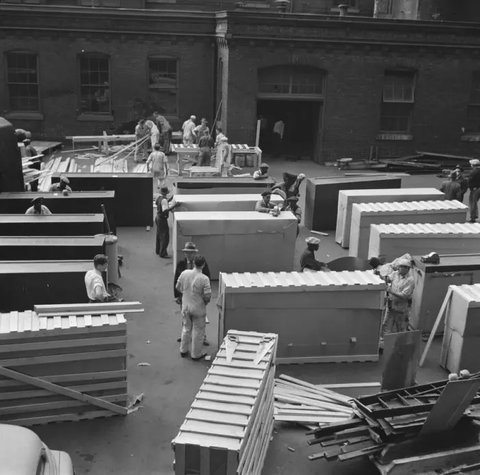 Framed Print : Possibly: United States government workers and carpenters making crates... Washington, D.C. 1942. Creator: Gordon Parks Framed Print : Possibly: United States government workers and carpenters making crates... Washington, D.C. 1942. Creator: Gordon Parks