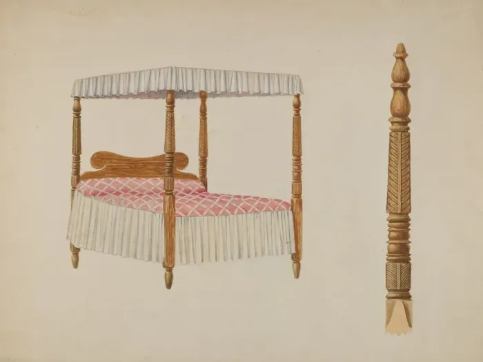 Framed Print : Four Post Bed, c. 1940. Creator: Davids De Vault Framed Print : Four Post Bed, c. 1940. Creator: Davids De Vault