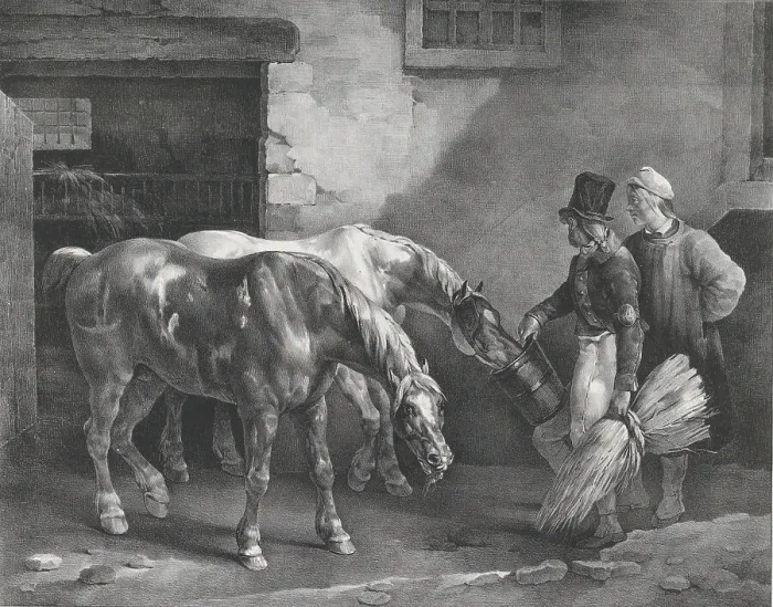 Framed Print : Two Post Horses at the Door of a Stable, 1822. Creator: Theodore Gericault Framed Print : Two Post Horses at the Door of a Stable, 1822. Creator: Theodore Gericault