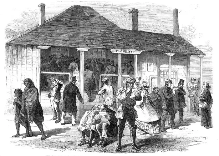 Framed Print : The Post Office of Auckland, New Zealand: arrival of the Home Mails, 1864. Creator: Unknown. The Post Office of Auckland, New Zealand: arrival of the Home Mails, 1864. Creator: Unknown Framed Print : The Post Office of Auckland, New Zealand: arrival of the Home Mails, 1864. Creator: Unknown. The Post Office of Auckland, New Zealand: arrival of the Home Mails, 1864. Creator: Unknown
