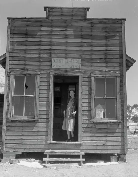 Framed Print : Post office and postmistress, view number two, Widtsoe, Utah, 1936. Creator: Dorothea Lange Framed Print : Post office and postmistress, view number two, Widtsoe, Utah, 1936. Creator: Dorothea Lange