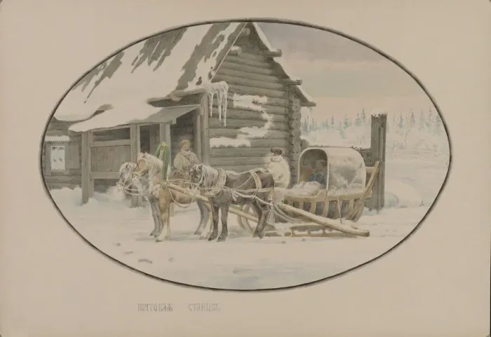 Framed Print : Postal station, 1862. Creator: Znamensky, Mikhail Stepanovich (1833-1892)