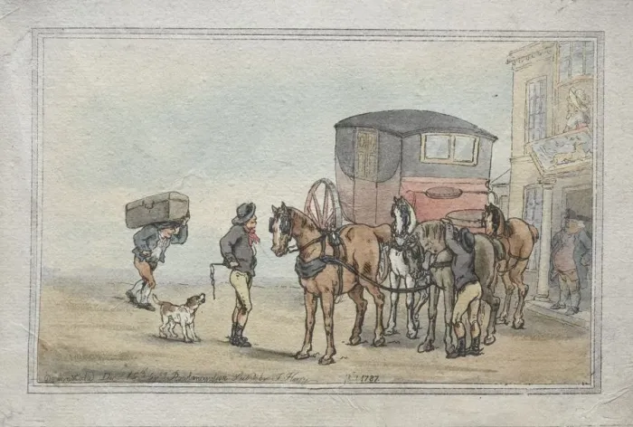 Framed Print : Postboys and Posthorses at the White Hart Inn, 1787. Creator: Thomas Rowlandson (British Framed Print : Postboys and Posthorses at the White Hart Inn, 1787. Creator: Thomas Rowlandson (British