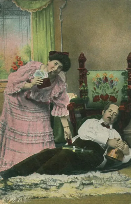 Framed Print : A postcard of a wife taking her drunk husbands money Framed Print : A postcard of a wife taking her drunk husbands money