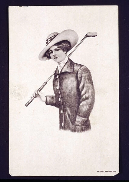 Postcard of woman holding golf club, c1900
