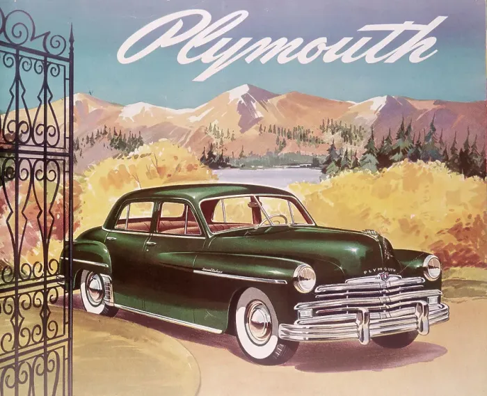 Framed Print : Poster advertising the Plymouth Special de Luxe Sedan, 1950 Framed Print : Poster advertising the Plymouth Special de Luxe Sedan, 1950