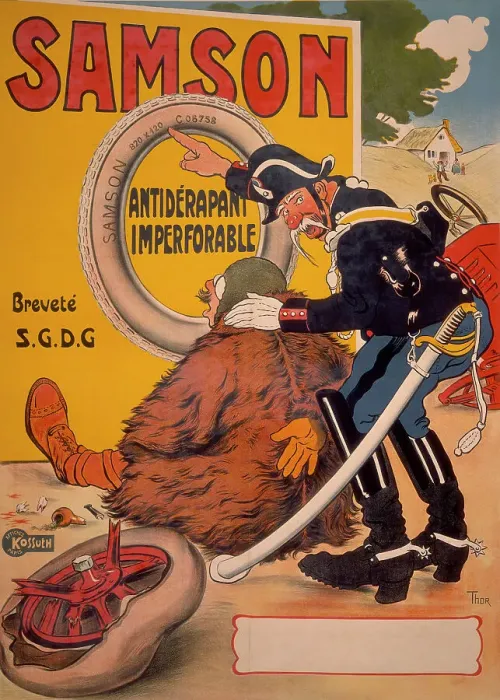 Framed Print : Poster advertising Samson tyres, 1905. Artist: Thor Framed Print : Poster advertising Samson tyres, 1905. Artist: Thor
