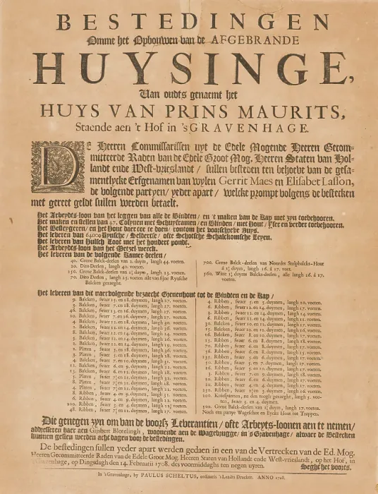Framed Print : Poster Announcing a Call for Tenders for the Reconstruction of the Mauritshuis. Creator: Paulus Scheltus Framed Print : Poster Announcing a Call for Tenders for the Reconstruction of the Mauritshuis. Creator: Paulus Scheltus