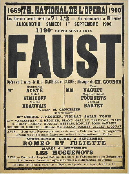 Poster for the Opera Faust by Charles Gounod at the Theatre national de l Opera, September 1900, 1