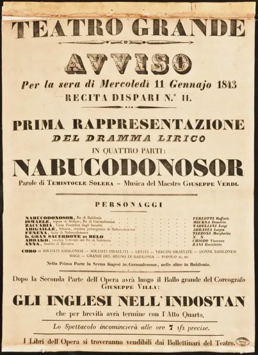 Framed Print : Poster for the opera Nabucco by Giuseppe Verdi in Teatro Grande on 11 January 1843, 1843 Framed Print : Poster for the opera Nabucco by Giuseppe Verdi in Teatro Grande on 11 January 1843, 1843