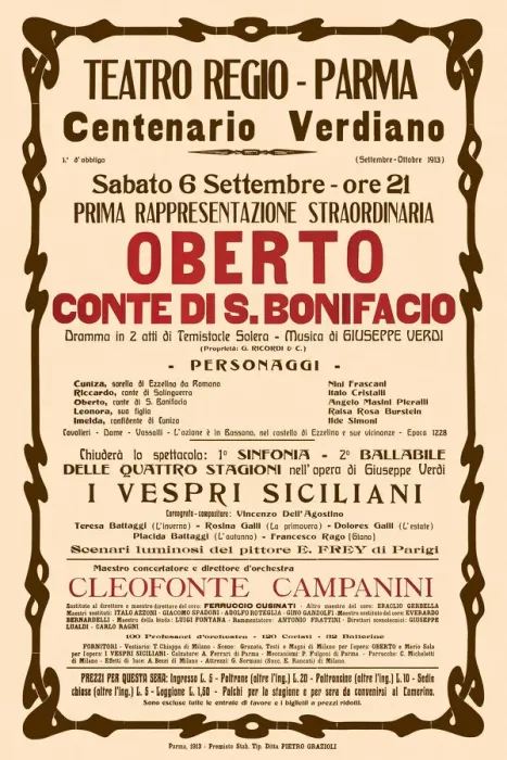 Framed Print : Poster for the opera Oberto conte di San Bonifacio by Giuseppe Verdi in Teatro Regio di Parma, 1913 Framed Print : Poster for the opera Oberto conte di San Bonifacio by Giuseppe Verdi in Teatro Regio di Parma, 1913