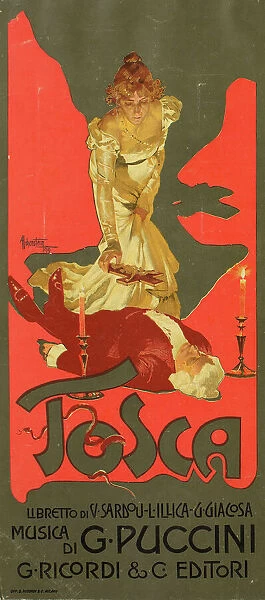 Poster for the Opera Tosca by G. Puccini, 1899. Creator: Hohenstein, Adolfo (1854-1928)