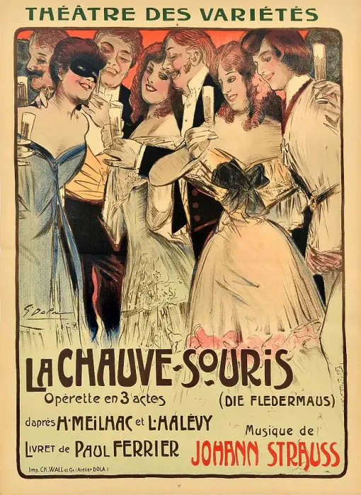 Framed Print : Poster for the operetta Die Fledermaus (The Flittermouse or The Revenge of the Bat) by Johann Straus Creator: Dola (Edmond Vernier), Georges (1872-1950) Framed Print : Poster for the operetta Die Fledermaus (The Flittermouse or The Revenge of the Bat) by Johann Straus Creator: Dola (Edmond Vernier), Georges (1872-1950)