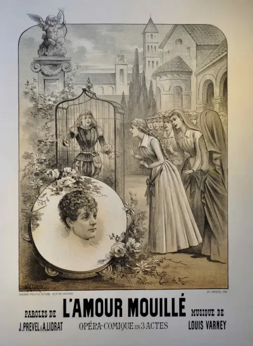 Framed Print : Poster for the Operetta L amour mouille by Louis Varney, 1887 Framed Print : Poster for the Operetta L amour mouille by Louis Varney, 1887