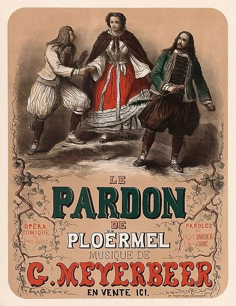 Poster for the premiere of the opera 'Dinorah ou Le pardon de Ploërmel' by Giacomo... 1859. Creator: Emy, Henry (1820-1874). Poster for the premiere of the opera 'Dinorah ou Le pardon de Ploërmel' by Giacomo... 1859