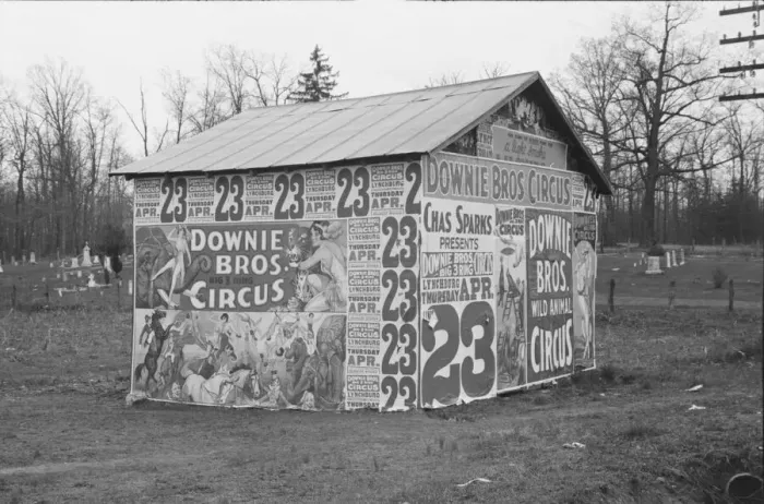 Framed Print : Posters covering a building near Lynchburg to advertise a Downie Bros. circus, 1936. Creator: Walker Evans Framed Print : Posters covering a building near Lynchburg to advertise a Downie Bros. circus, 1936. Creator: Walker Evans