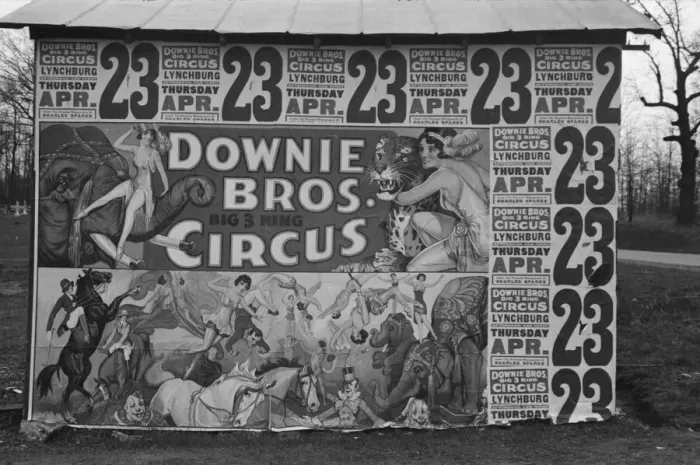 Framed Print : Posters covering a building near Lynchburg to advertise a Downie Bros. circus, 1936. Creator: Walker Evans Framed Print : Posters covering a building near Lynchburg to advertise a Downie Bros. circus, 1936. Creator: Walker Evans