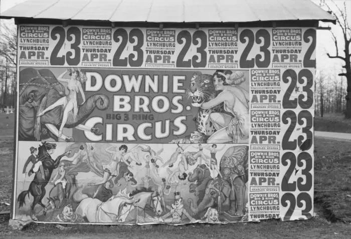 Framed Print : Posters covering a building near Lynchburg to advertise a Downie Bros. circus, 1936. Creator: Walker Evans Framed Print : Posters covering a building near Lynchburg to advertise a Downie Bros. circus, 1936. Creator: Walker Evans