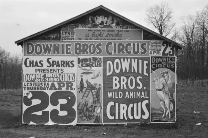 Framed Print : Posters covering a building near Lynchburg to advertise a Downie Bros. circus, 1936. Creator: Walker Evans Framed Print : Posters covering a building near Lynchburg to advertise a Downie Bros. circus, 1936. Creator: Walker Evans