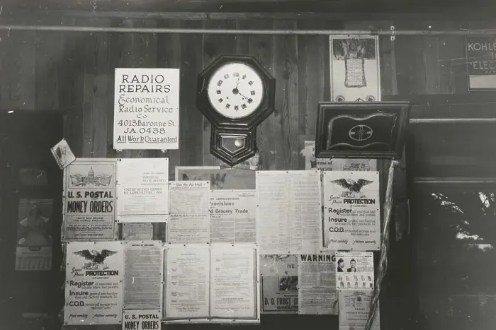 Framed Print : Posters and decorations in combined general store and post office, Olga, Louisiana, 1938-09. Creator: Russell Lee Framed Print : Posters and decorations in combined general store and post office, Olga, Louisiana, 1938-09. Creator: Russell Lee