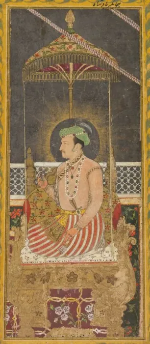 Framed Print : Posthumous portrait of Emperor Jahangir under a canopy (recto); Calligraphy (verso), c Framed Print : Posthumous portrait of Emperor Jahangir under a canopy (recto); Calligraphy (verso), c