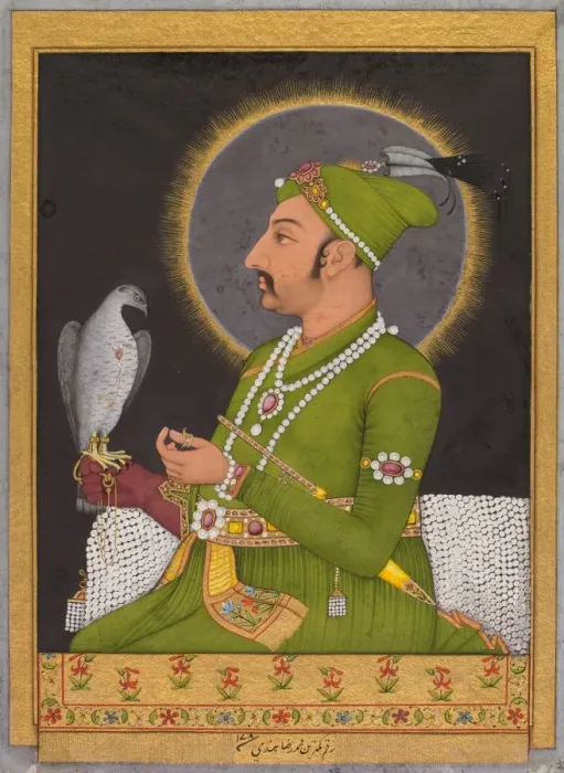 Framed Print : Posthumous portrait of the Mughal emperor Muhammad Shah (reigned 1719-1748)... (recto), 1764 Framed Print : Posthumous portrait of the Mughal emperor Muhammad Shah (reigned 1719-1748)... (recto), 1764