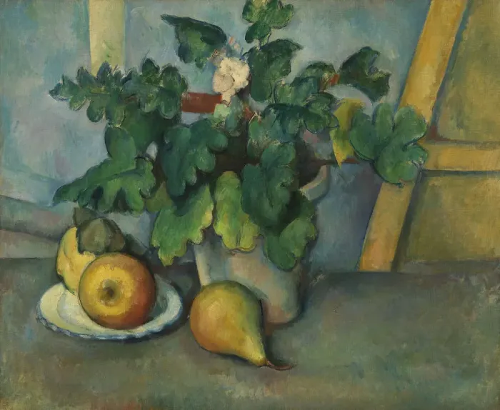 Framed Print : Pot of Primroses and Fruit, c. 1889. Creator: Cezanne, Paul (1839-1906) Framed Print : Pot of Primroses and Fruit, c. 1889. Creator: Cezanne, Paul (1839-1906)