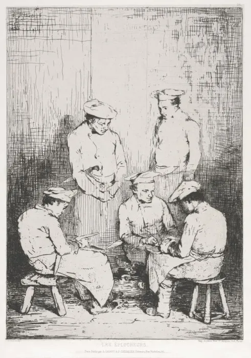 Framed Print : The Potato Peelers. Creator: Theodule Ribot (French, 1823-1891);A. Cadart & F Framed Print : The Potato Peelers. Creator: Theodule Ribot (French, 1823-1891);A. Cadart & F