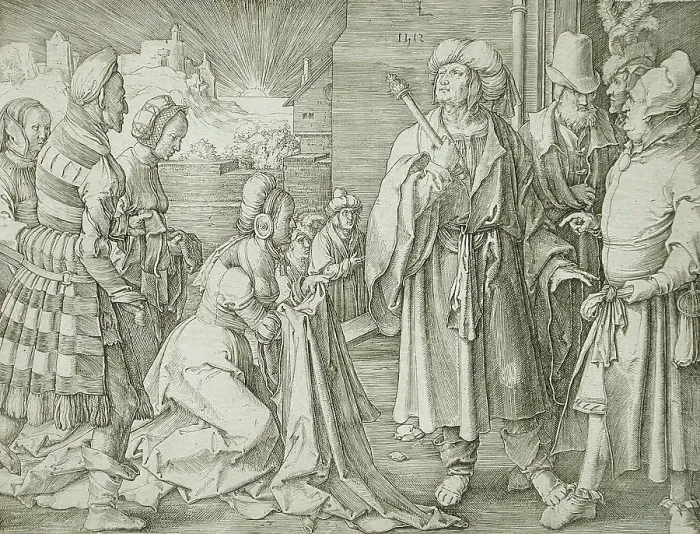 Framed Print : Potiphar's Wife Accusing Joseph, 1512. Creator: Lucas van Leyden Framed Print : Potiphar's Wife Accusing Joseph, 1512. Creator: Lucas van Leyden