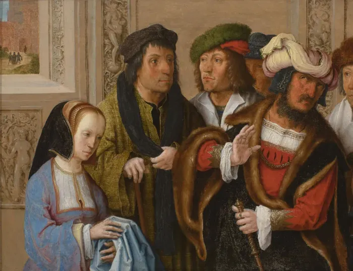 Framed Print : Potiphars Wife Displays Josephs Garment, c. 1512. Artist: Leyden, Lucas, van (1489 / 94-1533) Framed Print : Potiphars Wife Displays Josephs Garment, c. 1512. Artist: Leyden, Lucas, van (1489 / 94-1533)