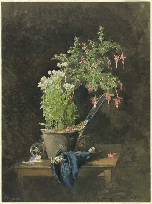 Framed Print : A Potted Fuchsia with Children's Toys, 1877. Creator: Henri-Joseph Harpignies Framed Print : A Potted Fuchsia with Children's Toys, 1877. Creator: Henri-Joseph Harpignies