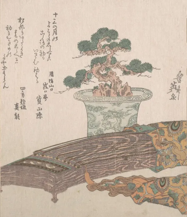 Framed Print : Potted Pine Tree and Koto (Japanese Harp), 19th century. Creator: Ikeda Eisen Framed Print : Potted Pine Tree and Koto (Japanese Harp), 19th century. Creator: Ikeda Eisen