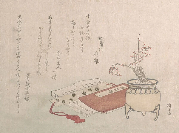 Potted Plum Tree in Blossom and Books, 19th century. 19th century. Creator: Shinsai