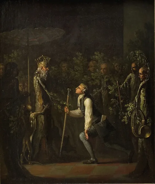 Framed Print : The Potuans are Surprised to see Niels Klim Genuflect in front of the Wise Prince. 1785-1787. Creator: Nicolai Abraham Abildgaard Framed Print : The Potuans are Surprised to see Niels Klim Genuflect in front of the Wise Prince. 1785-1787. Creator: Nicolai Abraham Abildgaard
