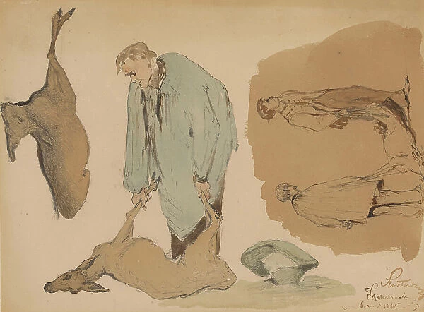 Poulterers with dead deer, 1864. Creator: Johannes Tavenraat
