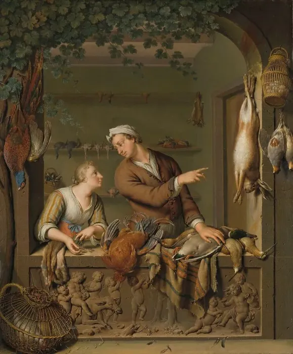 Framed Print : The Poultry Seller, 1733. Creator: Willem van Mieris Framed Print : The Poultry Seller, 1733. Creator: Willem van Mieris