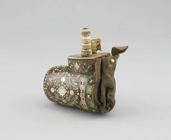 Framed Print : Powder Flask with Bullet Pouch, Central Europe, mid-17th century. Creator: Unknown Framed Print : Powder Flask with Bullet Pouch, Central Europe, mid-17th century. Creator: Unknown